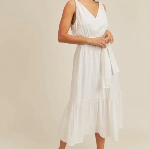 knee length dresses for ladies White Pleated Shoulder Tie Midi Dress main image 1